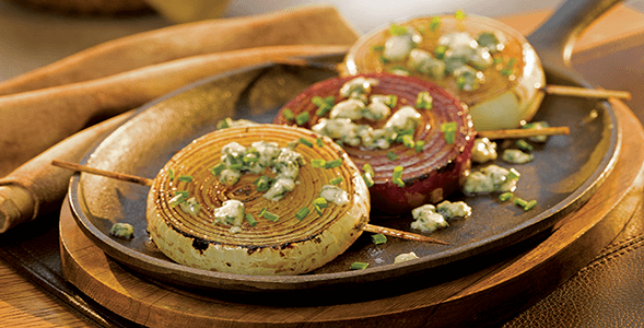 Grilled Balsamic Onions with Bleu Cheese Crumbles